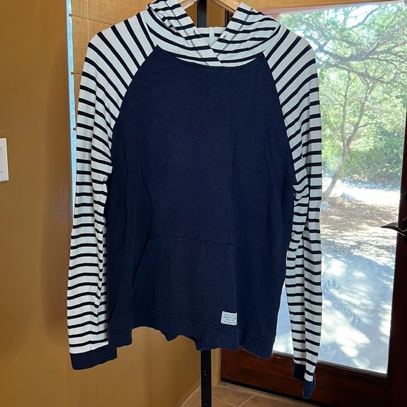 Orvis Navy Stripe Raglan Sleeve Hooded Pullover Cozy Hoodie Size Large - Picture 4 of 11